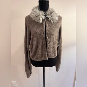 Free People Taupe Fuzzy Button-Down Jacket with Light Gray Faux-Fur Collar